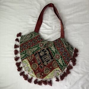 Unbranded Embroidered Boho Tote Bag with tassels zip closure, medium size, retro